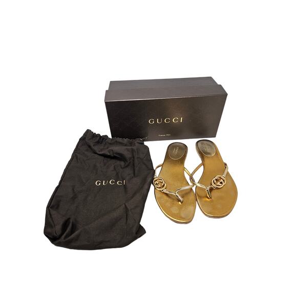 Gucci 36 Miroir Gold Metallic Leather Flip Flop Sandal Thong Logo Dustbag Box - Picture 12 of 12